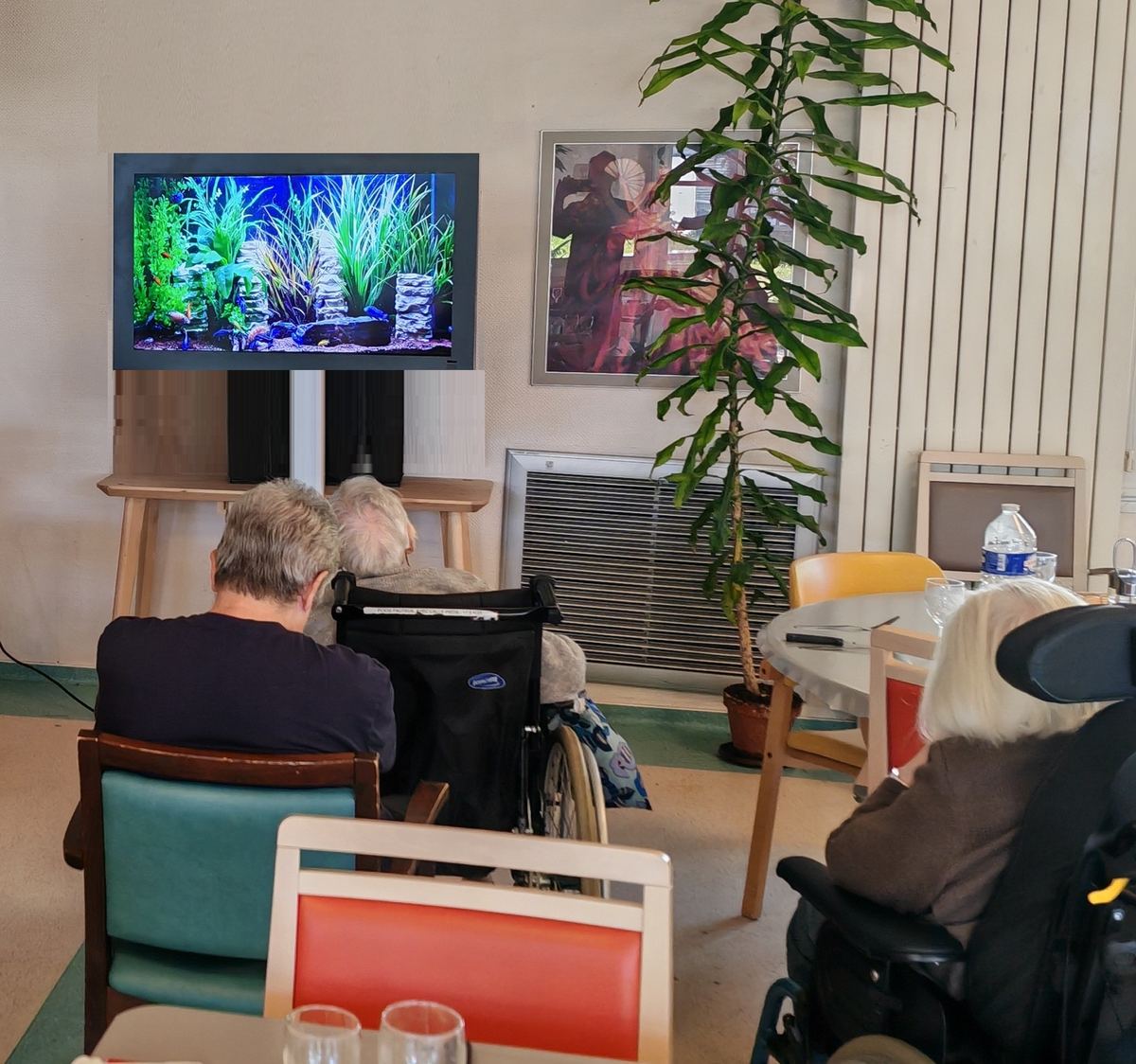 Résidents d'un EHPAD installés devant un écran Aquamovie dans une salle commune